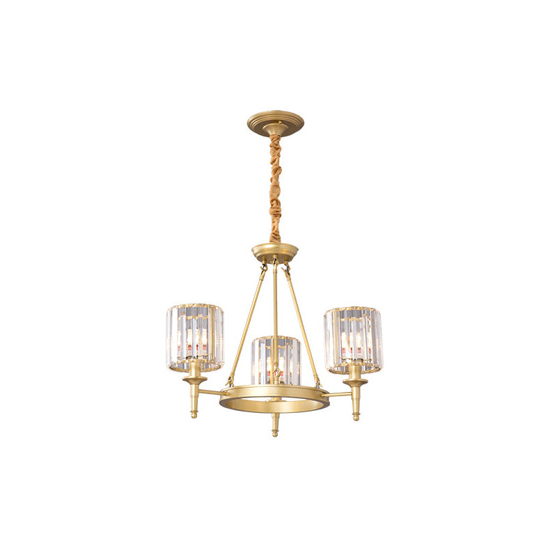 Beveled Crystal Hanging Chandelier Cylinder Traditional Suspension Pendant Light for Living Room 3 Gold Clearhalo 'Ceiling Lights' 'Chandeliers' Lighting' options 2017281_f407238c-fa4c-486d-907e-c90d34aef679