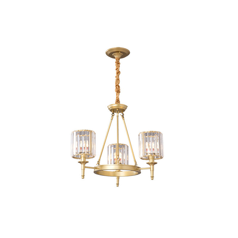 Beveled Crystal Hanging Chandelier Cylinder Traditional Suspension Pendant Light for Living Room 3 Gold Clearhalo 'Ceiling Lights' 'Chandeliers' Lighting' options 2017281_f407238c-fa4c-486d-907e-c90d34aef679