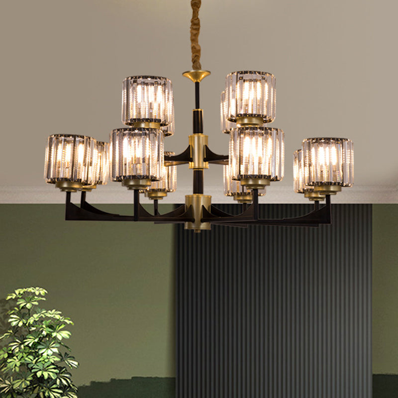 4/6/12 Lights Cylinder Up Chandelier Post-Modern Black and Brass Crystal Prism Hanging Light Fixture Clearhalo 'Ceiling Lights' 'Chandeliers' 'Modern Chandeliers' 'Modern' Lighting' 2017307