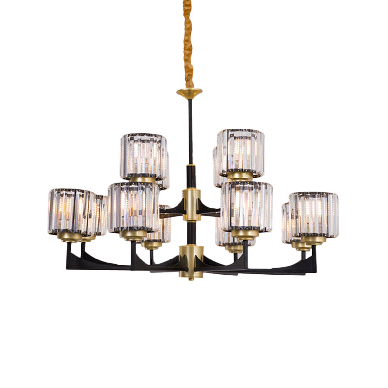 4/6/12 Lights Cylinder Up Chandelier Post-Modern Black and Brass Crystal Prism Hanging Light Fixture 12 Black Clearhalo 'Ceiling Lights' 'Chandeliers' 'Modern Chandeliers' 'Modern' Lighting' 2017308