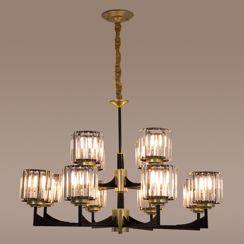 4/6/12 Lights Cylinder Up Chandelier Post-Modern Black and Brass Crystal Prism Hanging Light Fixture Clearhalo 'Ceiling Lights' 'Chandeliers' 'Modern Chandeliers' 'Modern' Lighting' 2017309
