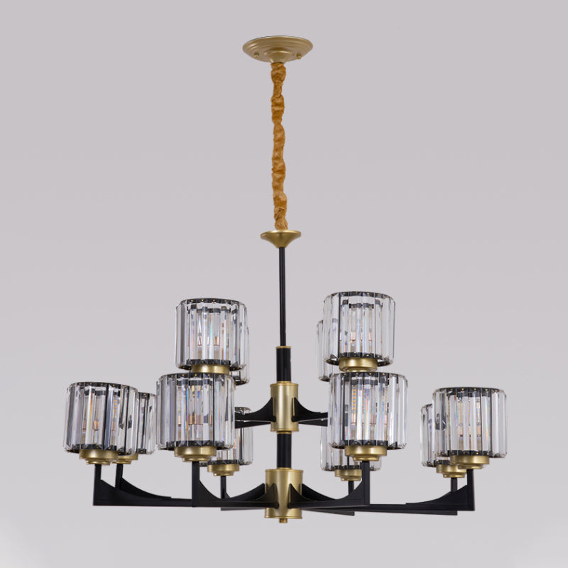 4/6/12 Lights Cylinder Up Chandelier Post-Modern Black and Brass Crystal Prism Hanging Light Fixture Clearhalo 'Ceiling Lights' 'Chandeliers' 'Modern Chandeliers' 'Modern' Lighting' 2017310