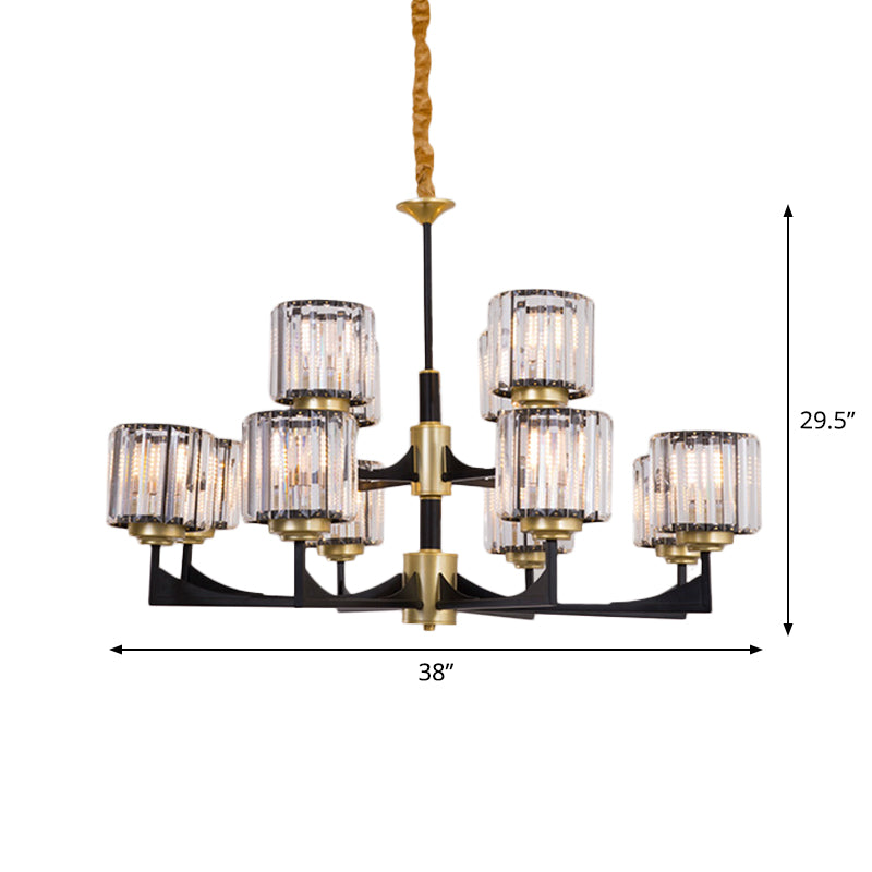 4/6/12 Lights Cylinder Up Chandelier Post-Modern Black and Brass Crystal Prism Hanging Light Fixture Clearhalo 'Ceiling Lights' 'Chandeliers' 'Modern Chandeliers' 'Modern' Lighting' 2017311