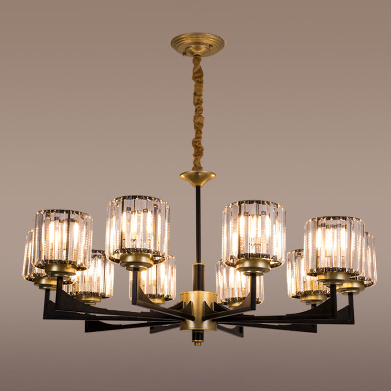 4/6/12 Lights Cylinder Up Chandelier Post-Modern Black and Brass Crystal Prism Hanging Light Fixture Clearhalo 'Ceiling Lights' 'Chandeliers' 'Modern Chandeliers' 'Modern' Lighting' 2017314