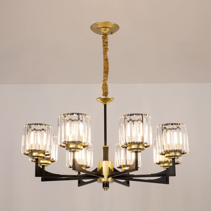 4/6/12 Lights Cylinder Up Chandelier Post-Modern Black and Brass Crystal Prism Hanging Light Fixture Clearhalo 'Ceiling Lights' 'Chandeliers' 'Modern Chandeliers' 'Modern' Lighting' 2017318
