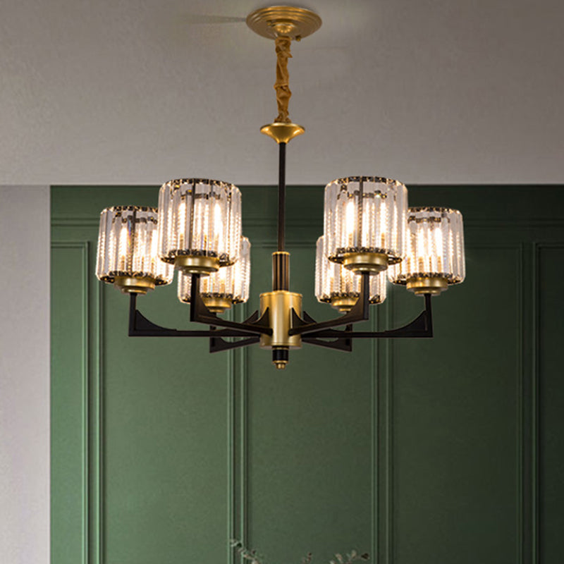4/6/12 Lights Cylinder Up Chandelier Post-Modern Black and Brass Crystal Prism Hanging Light Fixture Clearhalo 'Ceiling Lights' 'Chandeliers' 'Modern Chandeliers' 'Modern' Lighting' 2017322