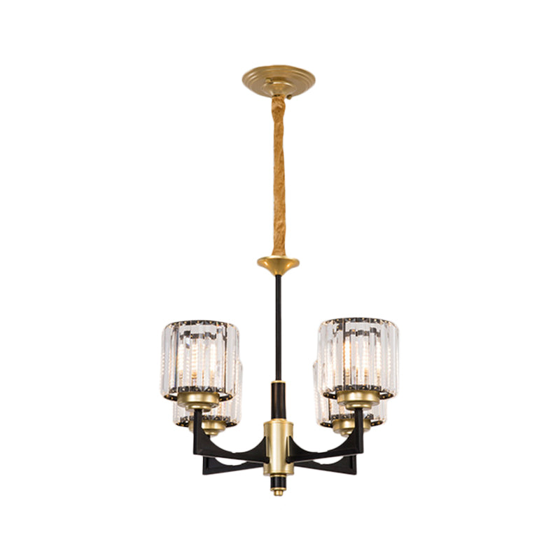 4/6/12 Lights Cylinder Up Chandelier Post-Modern Black and Brass Crystal Prism Hanging Light Fixture 4 Black Clearhalo 'Ceiling Lights' 'Chandeliers' 'Modern Chandeliers' 'Modern' Lighting' 2017326