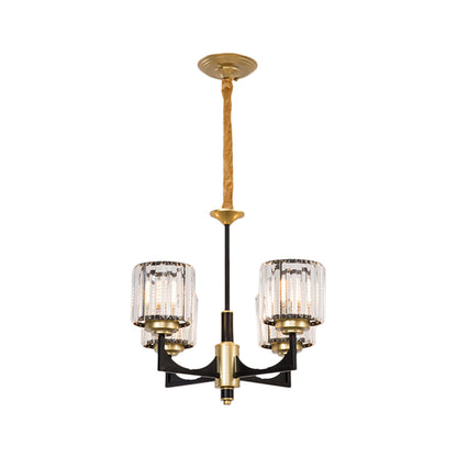 4/6/12 Lights Cylinder Up Chandelier Post-Modern Black and Brass Crystal Prism Hanging Light Fixture 4 Black Clearhalo 'Ceiling Lights' 'Chandeliers' 'Modern Chandeliers' 'Modern' Lighting' 2017326