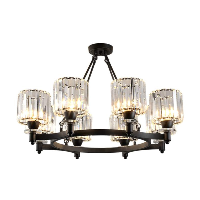 Prismatic Crystal Cylinder Chandelier Contemporary 3/6/8-Head Dining Room Ceiling Suspension Lamp in Black/Gold 8 Black Clearhalo 'Ceiling Lights' 'Chandeliers' 'Modern Chandeliers' 'Modern' Lighting' 2017372