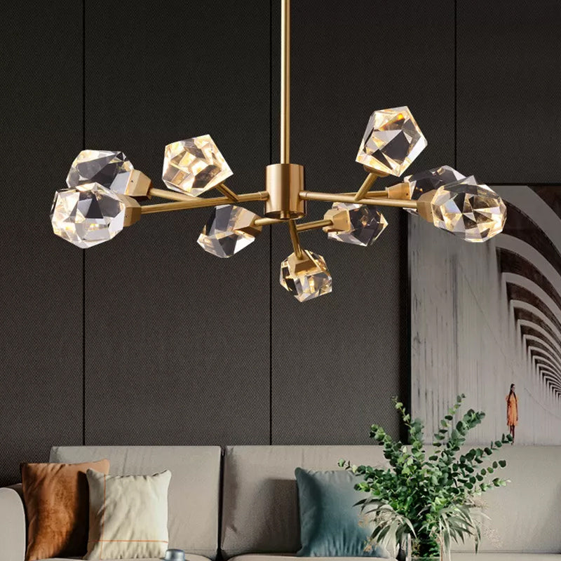 9-Bulb Clear Crystal Pendant Lighting Modern Brass Gem Shaped Living Room Chandelier Light Fixture Clearhalo 'Ceiling Lights' 'Chandeliers' 'Modern Chandeliers' 'Modern' Lighting' 2017423