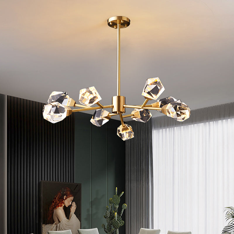 9-Bulb Clear Crystal Pendant Lighting Modern Brass Gem Shaped Living Room Chandelier Light Fixture Clearhalo 'Ceiling Lights' 'Chandeliers' 'Modern Chandeliers' 'Modern' Lighting' 2017424