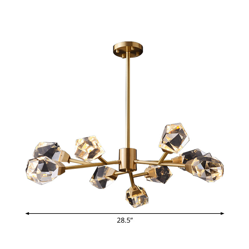 9-Bulb Clear Crystal Pendant Lighting Modern Brass Gem Shaped Living Room Chandelier Light Fixture Clearhalo 'Ceiling Lights' 'Chandeliers' 'Modern Chandeliers' 'Modern' Lighting' 2017427