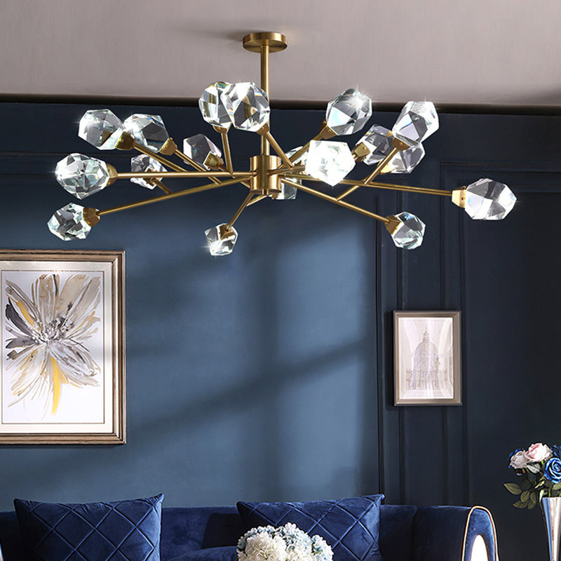 Brass Branching Chandelier Modern Crystal Block 9/12/18-Light Family Room Suspension Pendant Clearhalo 'Ceiling Lights' 'Chandeliers' 'Modern Chandeliers' 'Modern' Lighting' 2017428