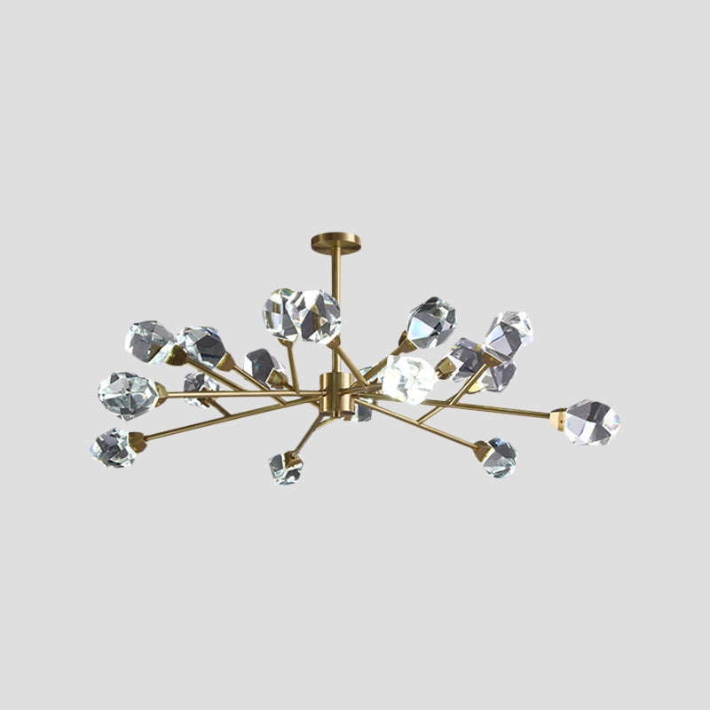 Brass Branching Chandelier Modern Crystal Block 9/12/18-Light Family Room Suspension Pendant Clearhalo 'Ceiling Lights' 'Chandeliers' 'Modern Chandeliers' 'Modern' Lighting' 2017430