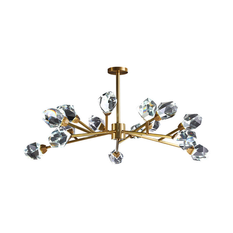 Brass Branching Chandelier Modern Crystal Block 9/12/18-Light Family Room Suspension Pendant 15 Brass Clearhalo 'Ceiling Lights' 'Chandeliers' 'Modern Chandeliers' 'Modern' Lighting' 2017433