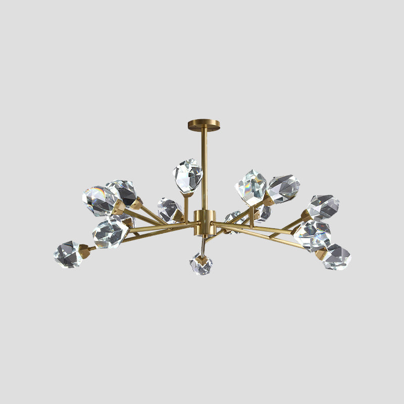 Brass Branching Chandelier Modern Crystal Block 9/12/18-Light Family Room Suspension Pendant Clearhalo 'Ceiling Lights' 'Chandeliers' 'Modern Chandeliers' 'Modern' Lighting' 2017434