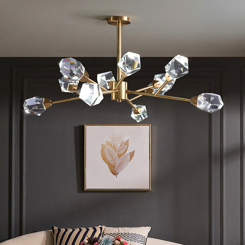 Brass Branching Chandelier Modern Crystal Block 9/12/18-Light Family Room Suspension Pendant Clearhalo 'Ceiling Lights' 'Chandeliers' 'Modern Chandeliers' 'Modern' Lighting' 2017436