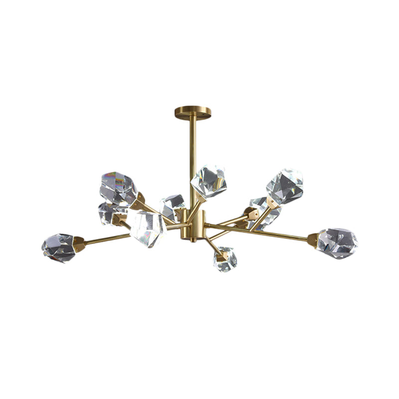 Brass Branching Chandelier Modern Crystal Block 9/12/18-Light Family Room Suspension Pendant 12 Brass Clearhalo 'Ceiling Lights' 'Chandeliers' 'Modern Chandeliers' 'Modern' Lighting' 2017437