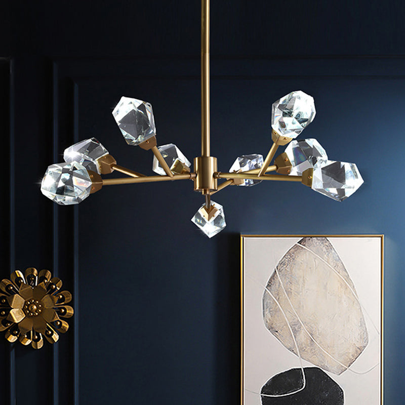 Brass Branching Chandelier Modern Crystal Block 9/12/18-Light Family Room Suspension Pendant Clearhalo 'Ceiling Lights' 'Chandeliers' 'Modern Chandeliers' 'Modern' Lighting' 2017440