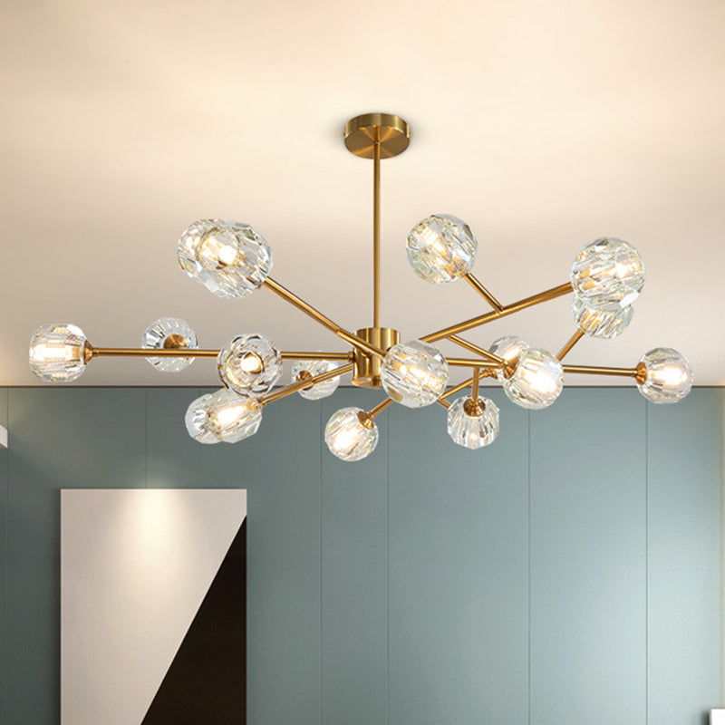 9/12/15 Lights Chandelier Modern Kitchen Ceiling Hang Lamp with Ball Faceted Crystal Shade in Brass Clearhalo 'Ceiling Lights' 'Chandeliers' 'Modern Chandeliers' 'Modern' Lighting' 2017464