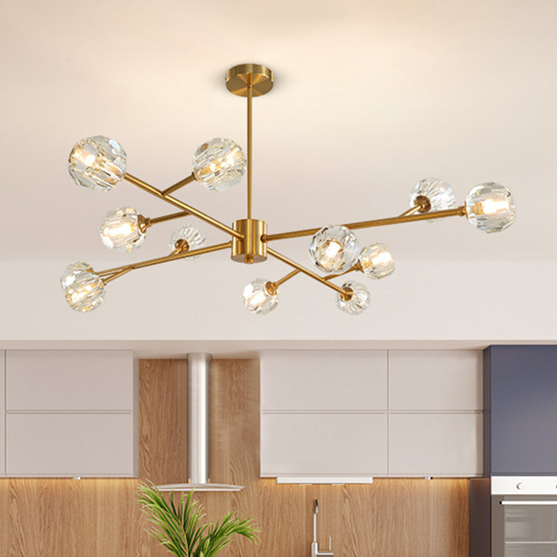 9/12/15 Lights Chandelier Modern Kitchen Ceiling Hang Lamp with Ball Faceted Crystal Shade in Brass Clearhalo 'Ceiling Lights' 'Chandeliers' 'Modern Chandeliers' 'Modern' Lighting' 2017465
