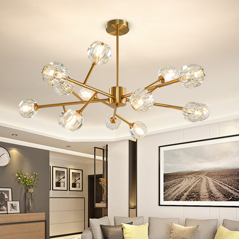 9/12/15 Lights Chandelier Modern Kitchen Ceiling Hang Lamp with Ball Faceted Crystal Shade in Brass Clearhalo 'Ceiling Lights' 'Chandeliers' 'Modern Chandeliers' 'Modern' Lighting' 2017466