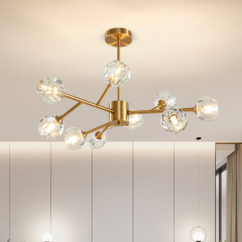 9/12/15 Lights Chandelier Modern Kitchen Ceiling Hang Lamp with Ball Faceted Crystal Shade in Brass Clearhalo 'Ceiling Lights' 'Chandeliers' 'Modern Chandeliers' 'Modern' Lighting' 2017467
