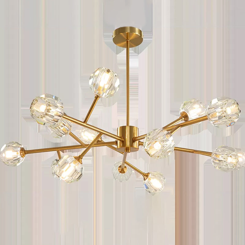 9/12/15 Lights Chandelier Modern Kitchen Ceiling Hang Lamp with Ball Faceted Crystal Shade in Brass Clearhalo 'Ceiling Lights' 'Chandeliers' 'Modern Chandeliers' 'Modern' Lighting' 2017468