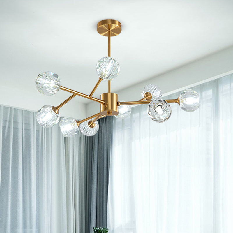 9/12/15 Lights Chandelier Modern Kitchen Ceiling Hang Lamp with Ball Faceted Crystal Shade in Brass Clearhalo 'Ceiling Lights' 'Chandeliers' 'Modern Chandeliers' 'Modern' Lighting' 2017469