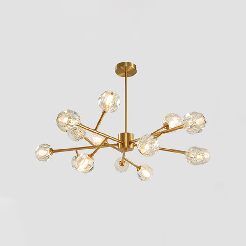 9/12/15 Lights Chandelier Modern Kitchen Ceiling Hang Lamp with Ball Faceted Crystal Shade in Brass 15 Brass Clearhalo 'Ceiling Lights' 'Chandeliers' 'Modern Chandeliers' 'Modern' Lighting' 2017473