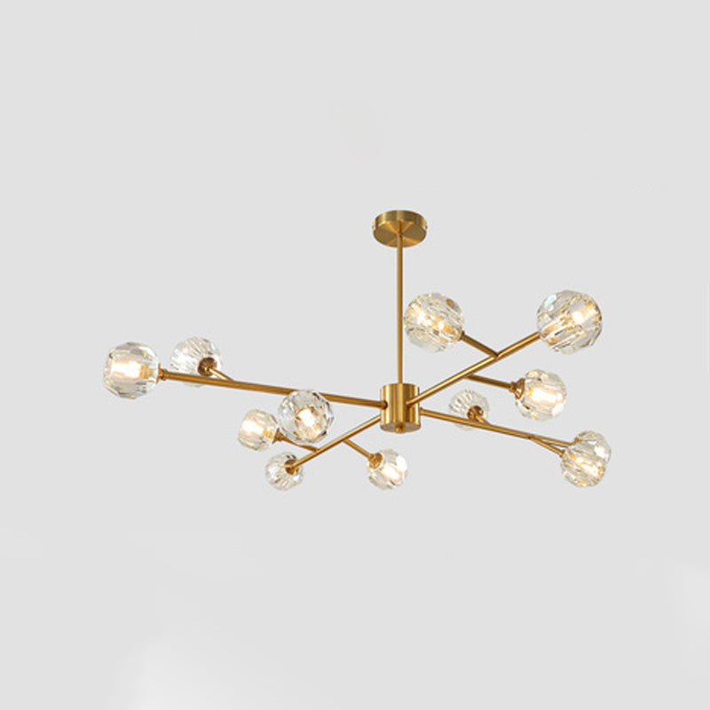9/12/15 Lights Chandelier Modern Kitchen Ceiling Hang Lamp with Ball Faceted Crystal Shade in Brass 12 Brass Clearhalo 'Ceiling Lights' 'Chandeliers' 'Modern Chandeliers' 'Modern' Lighting' 2017474