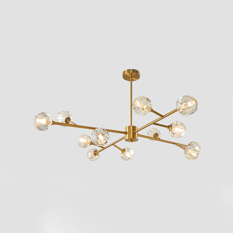9/12/15 Lights Chandelier Modern Kitchen Ceiling Hang Lamp with Ball Faceted Crystal Shade in Brass 12 Brass Clearhalo 'Ceiling Lights' 'Chandeliers' 'Modern Chandeliers' 'Modern' Lighting' 2017474