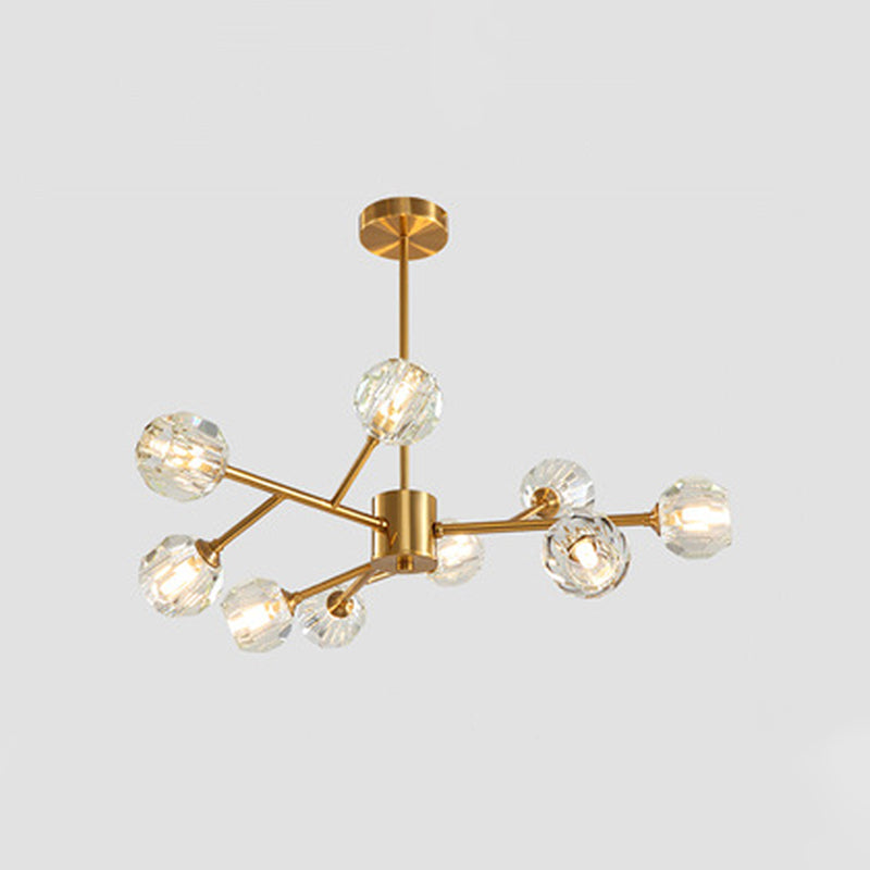 9/12/15 Lights Chandelier Modern Kitchen Ceiling Hang Lamp with Ball Faceted Crystal Shade in Brass 9 Brass Clearhalo 'Ceiling Lights' 'Chandeliers' 'Modern Chandeliers' 'Modern' Lighting' 2017475