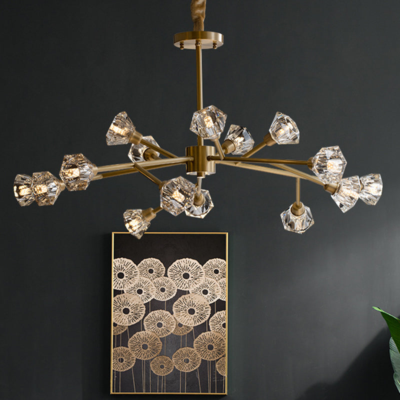 Branching Flower Crystal Ceiling Light Post-Modern 6/12/15 Heads Bedroom Hanging Chandelier in Brass Clearhalo 'Ceiling Lights' 'Chandeliers' 'Modern Chandeliers' 'Modern' Lighting' 2017477