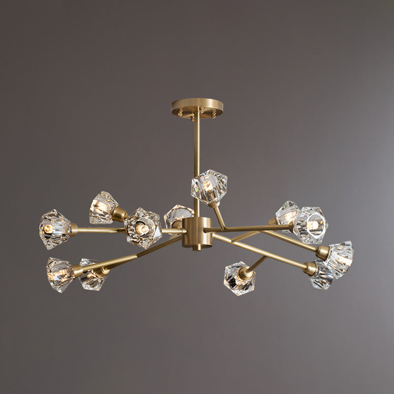Branching Flower Crystal Ceiling Light Post-Modern 6/12/15 Heads Bedroom Hanging Chandelier in Brass 12 Brass Clearhalo 'Ceiling Lights' 'Chandeliers' 'Modern Chandeliers' 'Modern' Lighting' 2017483