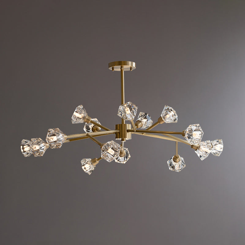 Branching Flower Crystal Ceiling Light Post-Modern 6/12/15 Heads Bedroom Hanging Chandelier in Brass 15 Brass Clearhalo 'Ceiling Lights' 'Chandeliers' 'Modern Chandeliers' 'Modern' Lighting' 2017484