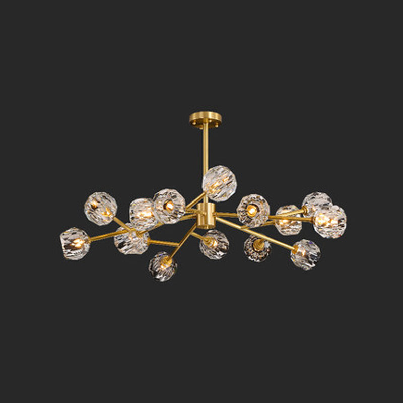 12/15/18-Light Crystal Ball Drop Lamp Postmodern Brass Branch Dining Room Ceiling Chandelier 15 Brass Clearhalo 'Ceiling Lights' 'Chandeliers' 'Modern Chandeliers' 'Modern' Lighting' 2017504