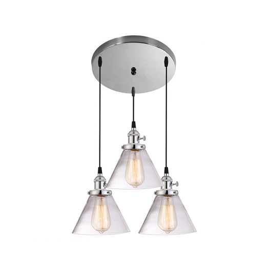 3 Heads Cluster Pendant Light Warehouse Cone Clear Glass Down Lighting for Dining Room Chrome Round Clearhalo 'Ceiling Lights' 'Close To Ceiling Lights' 'Glass shade' 'Glass' 'Industrial Pendants' 'Industrial' 'Middle Century Pendants' 'Pendant Lights' 'Pendants' 'Tiffany' Lighting' 2017524