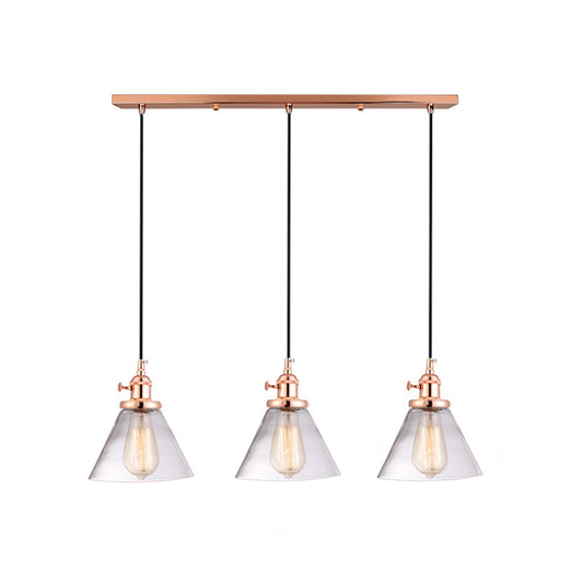3 Heads Cluster Pendant Light Warehouse Cone Clear Glass Down Lighting for Dining Room Rose Gold Linear Clearhalo 'Ceiling Lights' 'Close To Ceiling Lights' 'Glass shade' 'Glass' 'Industrial Pendants' 'Industrial' 'Middle Century Pendants' 'Pendant Lights' 'Pendants' 'Tiffany' Lighting' 2017525