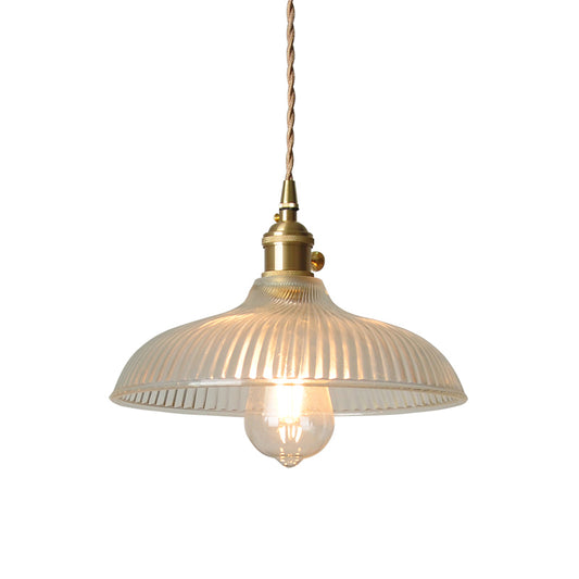 1 Head Hanging Light Fixture Rustic Bowl Clear Ribbed Glass Pendant Lighting in Brass Brass Clearhalo 'Ceiling Lights' 'Glass shade' 'Glass' 'Industrial Pendants' 'Industrial' 'Middle Century Pendants' 'Pendant Lights' 'Pendants' 'Tiffany' Lighting' 2017550