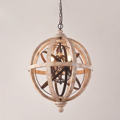 5-Light Wood Drop Pendant Classic Distressed White Globe Cage Bedroom Chandelier Lighting with Crystal Accent Distressed Wood Small Clearhalo 'Ceiling Lights' 'Chandeliers' Lighting' options 2017561_4bc4918d-2eb4-4723-a8e7-1c44ec1b37d7