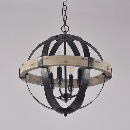 Wood Strap Globe Pendant Chandelier Country Living Room Hanging Lamp Kit in Black 4 Black Clearhalo 'Ceiling Lights' 'Chandeliers' Lighting' options 2017570_8261b49f-5fc4-4be5-ac9c-cb4305b7325b