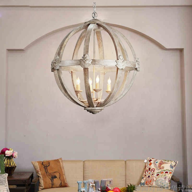 4-Bulb Hanging Lamp Kit Rustic Bedroom Candle Pendant Chandelier with Spherical Wood Shade Clearhalo 'Ceiling Lights' 'Chandeliers' Lighting' options 2017581