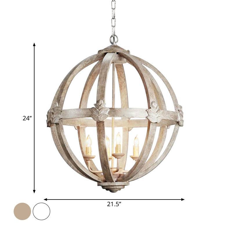 4-Bulb Hanging Lamp Kit Rustic Bedroom Candle Pendant Chandelier with Spherical Wood Shade Clearhalo 'Ceiling Lights' 'Chandeliers' Lighting' options 2017584