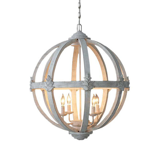 4-Bulb Hanging Lamp Kit Rustic Bedroom Candle Pendant Chandelier with Spherical Wood Shade Clearhalo 'Ceiling Lights' 'Chandeliers' Lighting' options 2017586