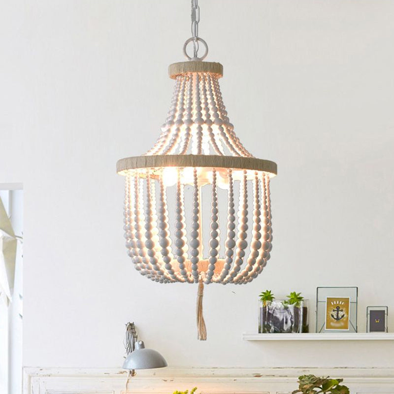 Rural Beaded Basket Chandelier Lamp 2-Head Wood Pendant Light Fixture for Restaurant Clearhalo 'Ceiling Lights' 'Chandeliers' Lighting' options 2017605