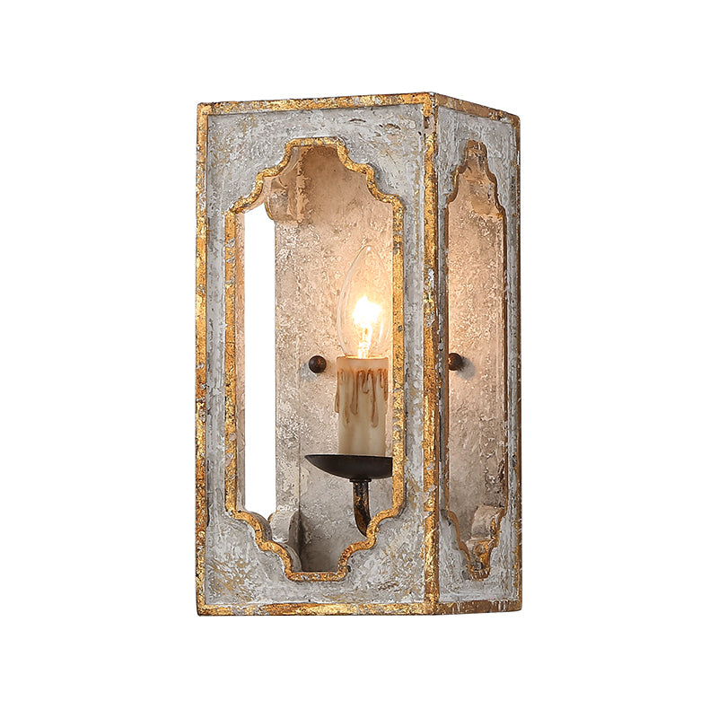 Light Grey 1 Bulb Wall Mount Lighting Countryside Wood Rectangle Wall Light Fixture with Candle Design Light Gray Clearhalo 'Wall Lamps & Sconces' 'Wall Lights' Lighting' 2017695