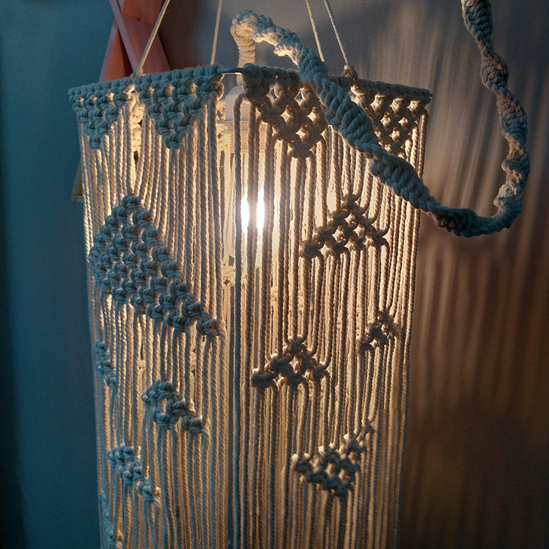 White 1 Head Pendulum Light Traditional Rope Braided Rectangle Suspension Lamp for Bedroom Clearhalo 'Ceiling Lights' 'Pendant Lights' 'Pendants' Lighting' 2017745