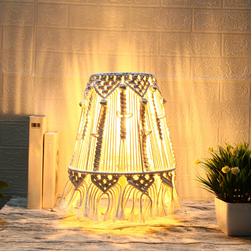 1 Head Nightstand Lamp Country Tapered Woven Rope Table Light with Tassel Fringe in Yellow for Bedroom Clearhalo 'Lamps' 'Table Lamps' Lighting' 2017750