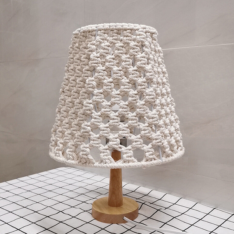 Handmade Cone Bedroom Night Lamp Countryside Rope 1-Light Yellow Nightstand Lamp with Wood Base Clearhalo 'Lamps' 'Table Lamps' Lighting' 2017767